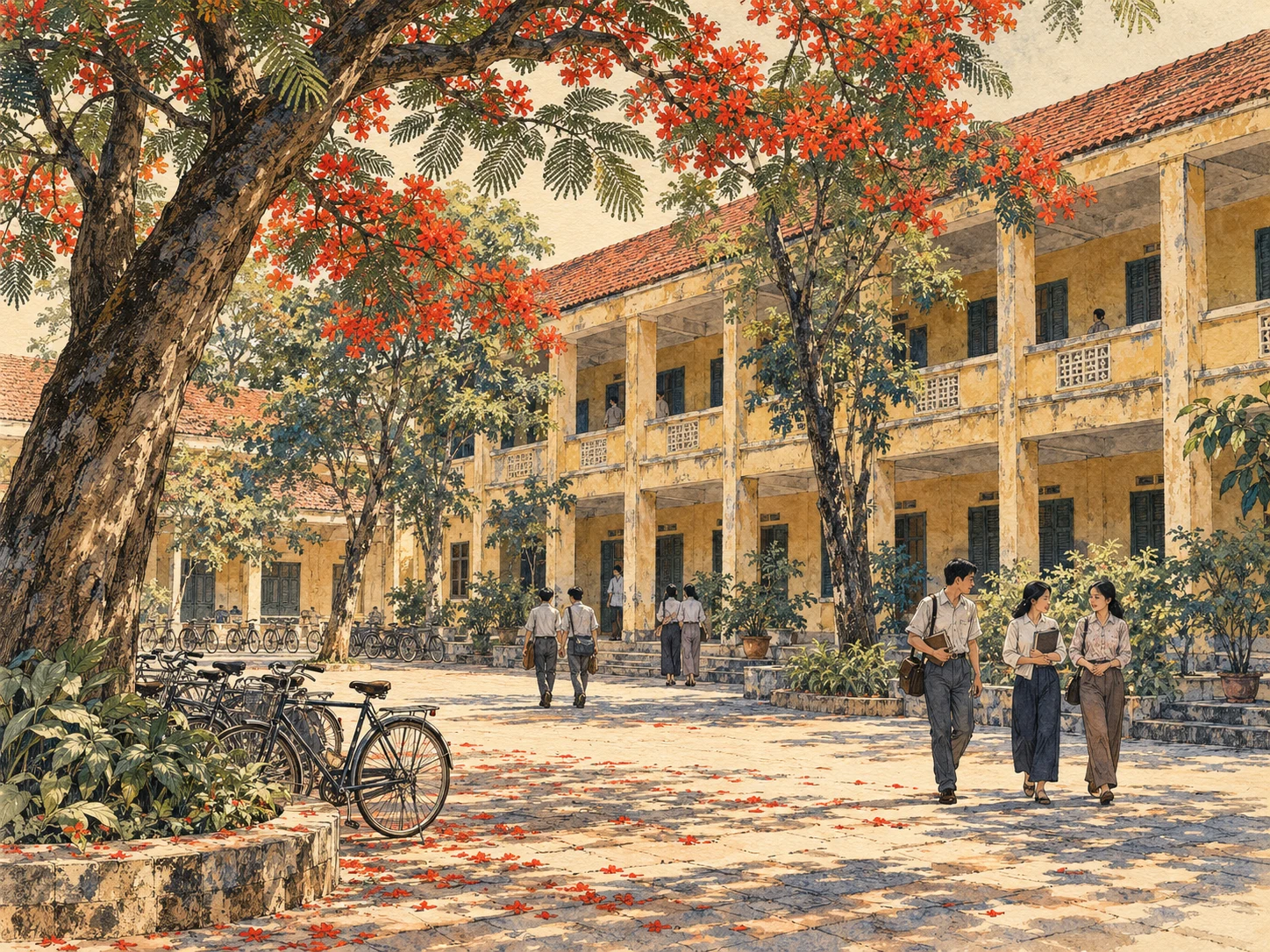 Ký họa mái trường và sân phượng